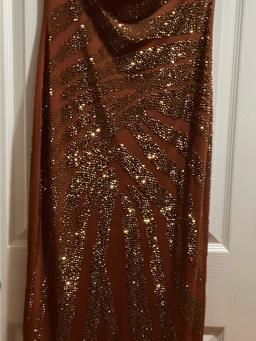 Fashion Nova Copper-Brown Strapless Gown with Gold Rhinestones